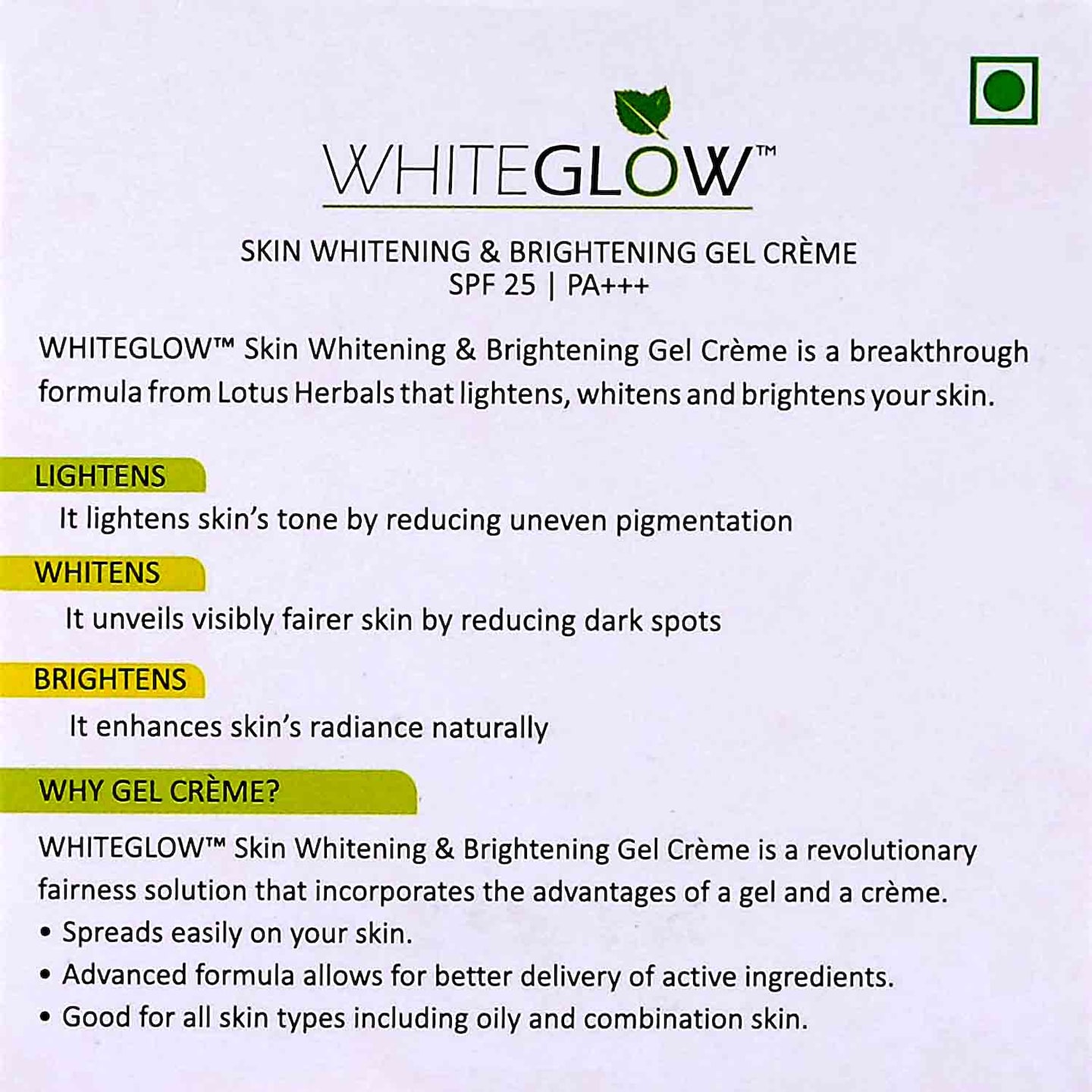 Lotus Herbals WhiteGlow Skin Whitening Brightening Gel Cream SPF